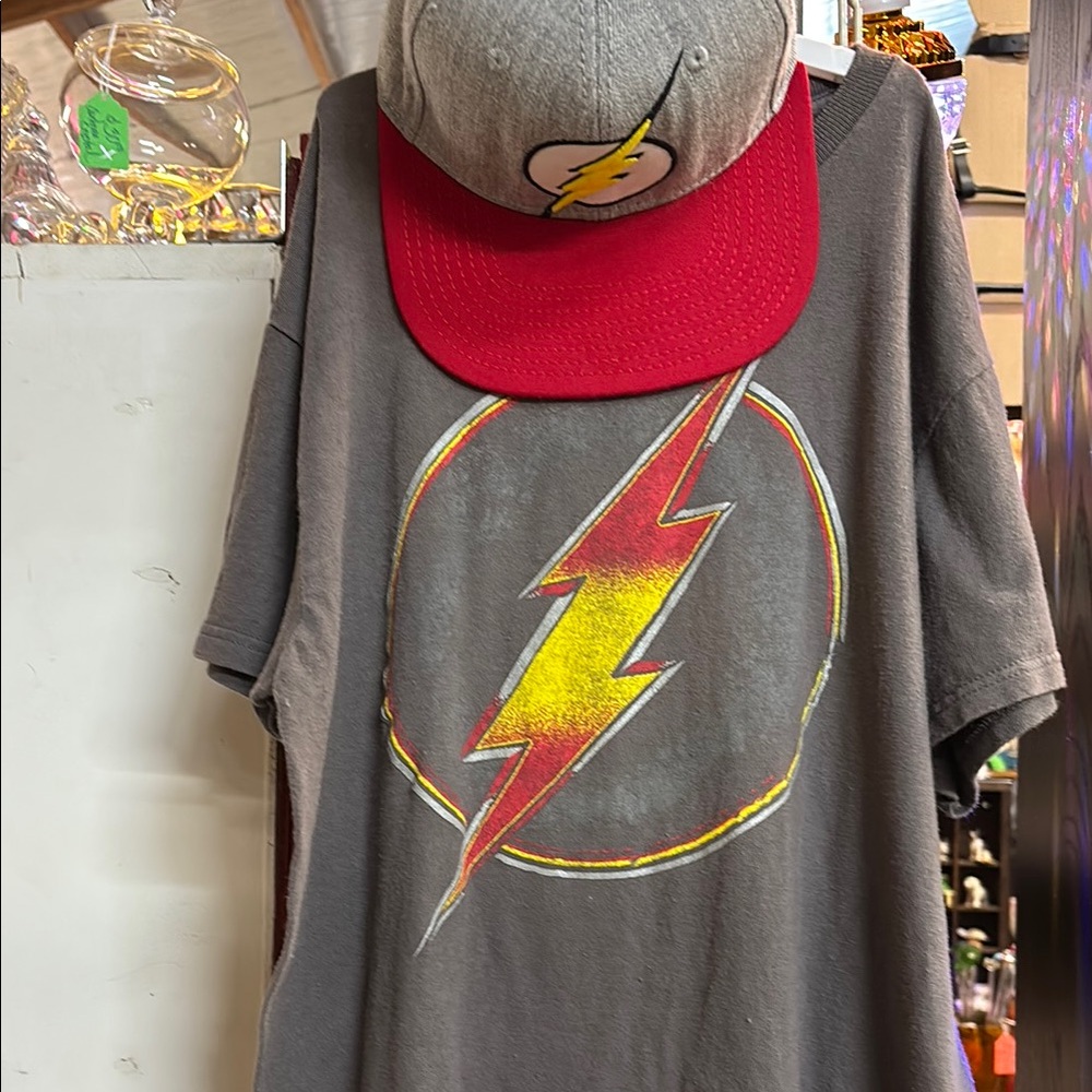 DC Gray and Red Short Sleeve Tee with Iconic Flash Design